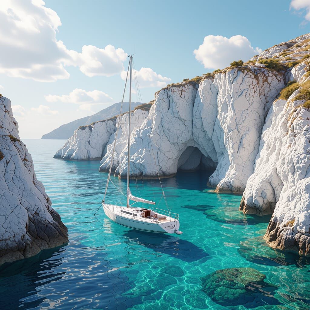 Sailboat in crystal clear waters, next to white cliffs, Greek coast, calm water, clear water, tranquil