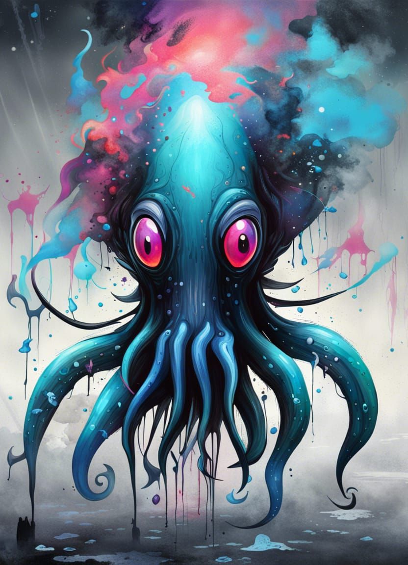 Incomprehensible squid monster floating in space, pale blue eyes, black colossal creature, graffiti art, splash art, street art, spray paint...