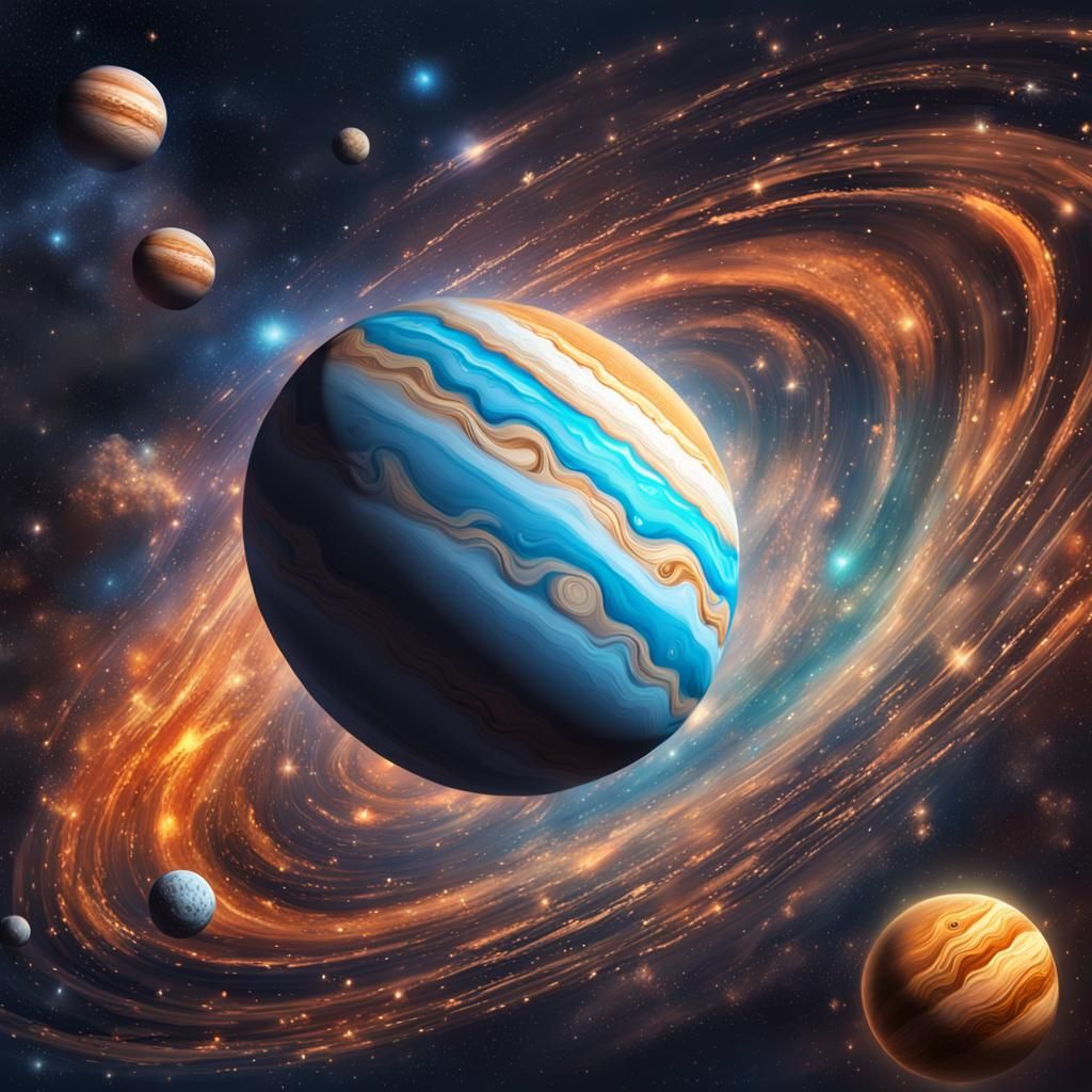 realistic jupiter surrounded by stars in a stylized starscap...