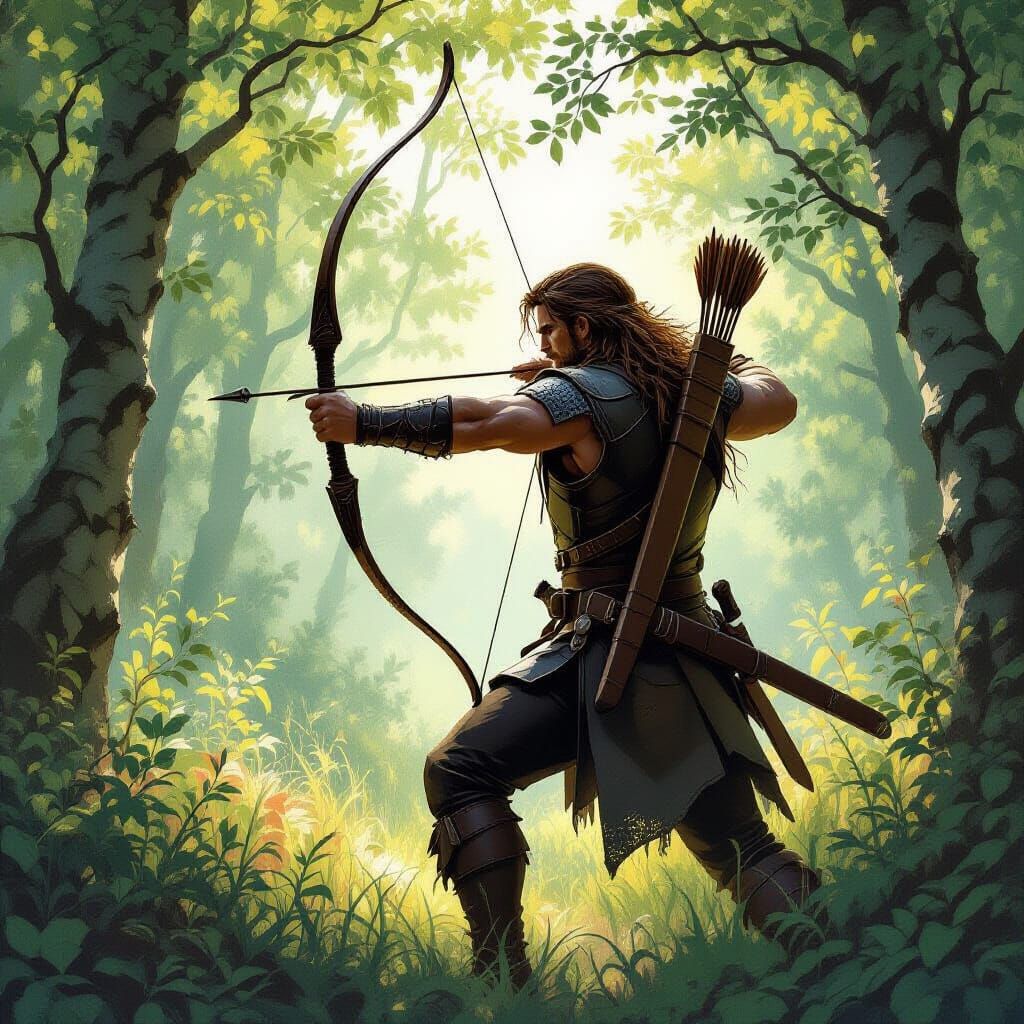 a hunter from the 11th century searching for prey in a light forrest, wearing a longbow slung to his back, heroic fantasy, rpg character, hi...