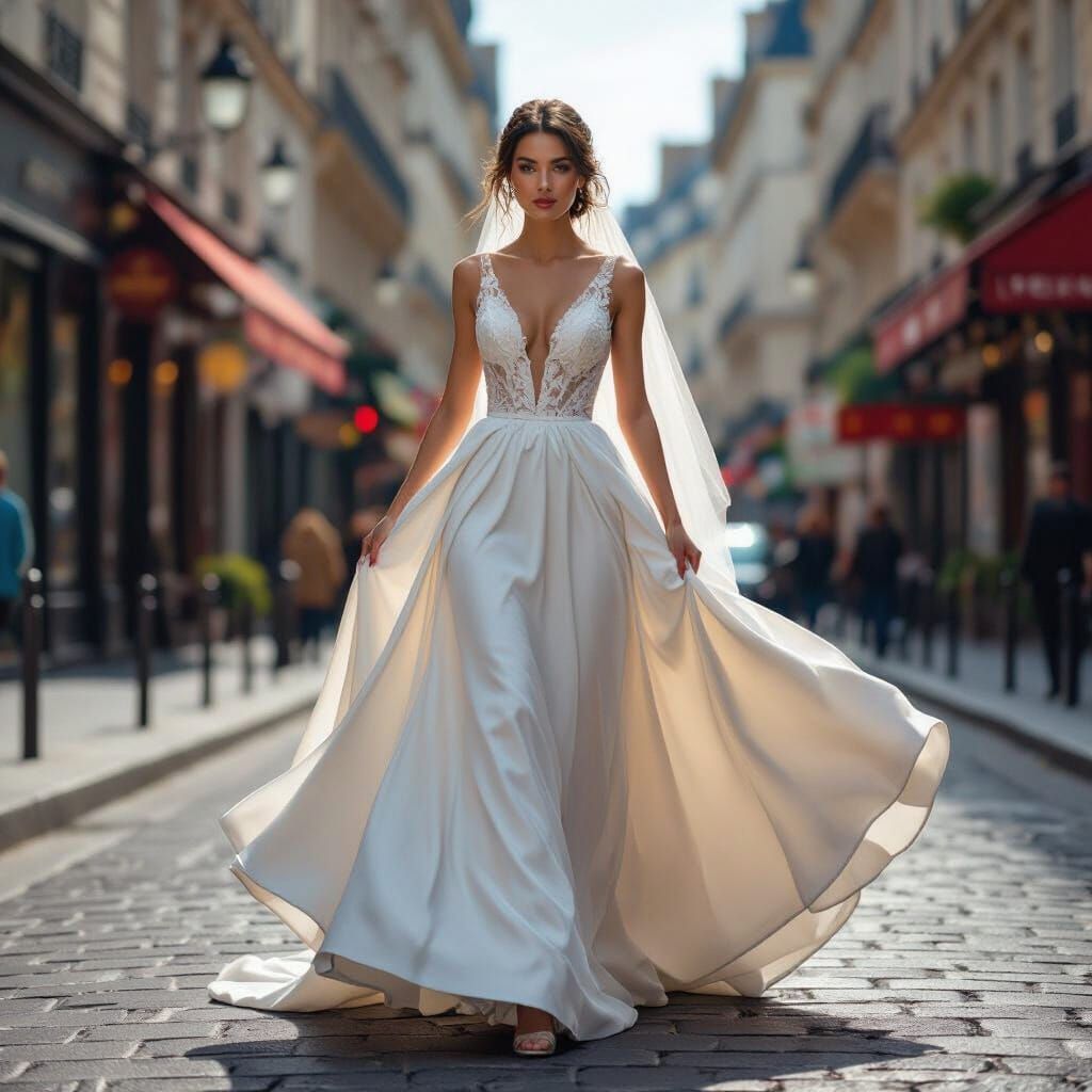Parisian Bride in Flowing White Dress, Hyperrealistic Style