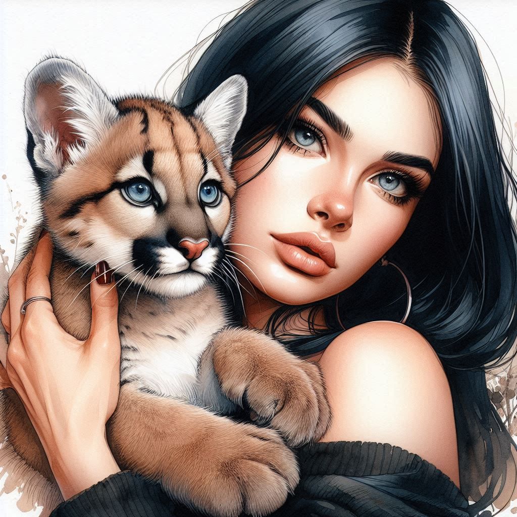 Beautiful Woman Holding A Cougar
