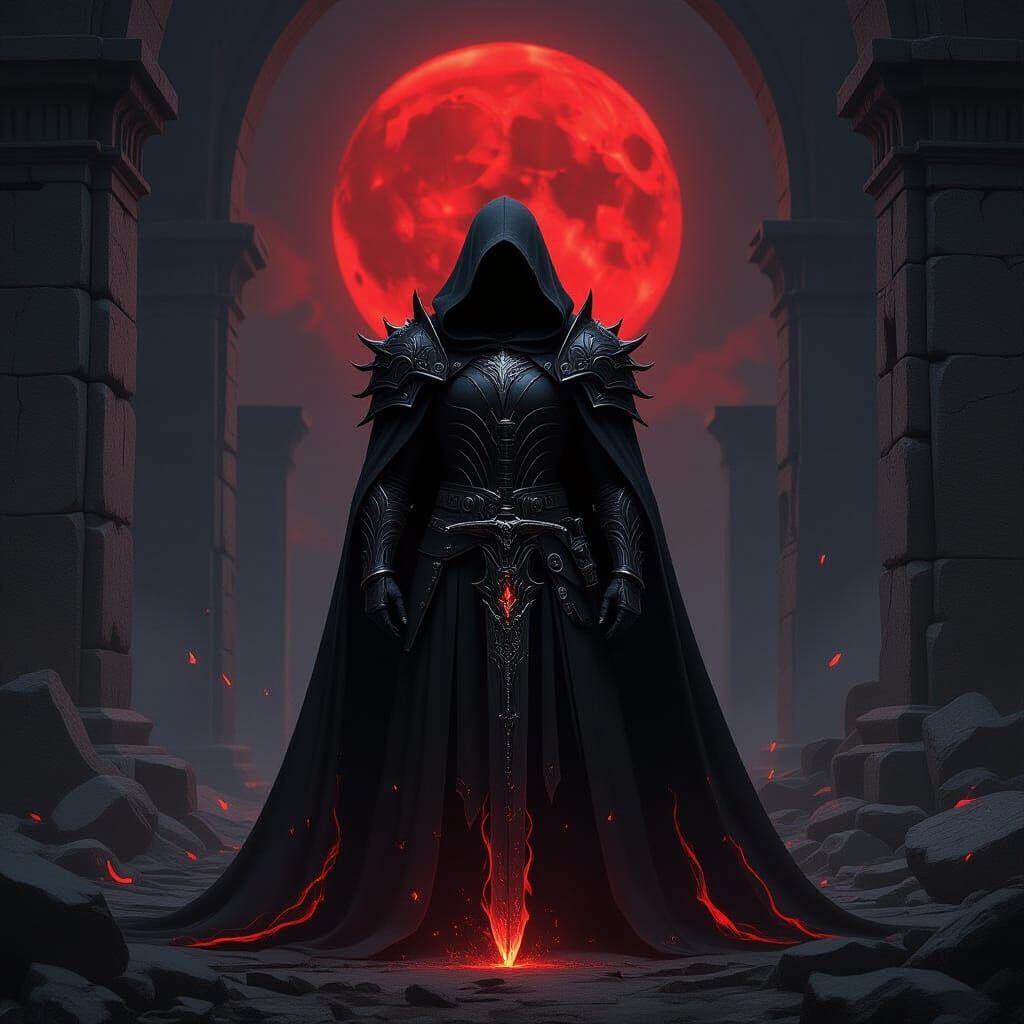 **Subject:**
* The figure is tall and imposing, completely enveloped in a **hooded black cloak** that seamlessly merges with the shadows.
* ...