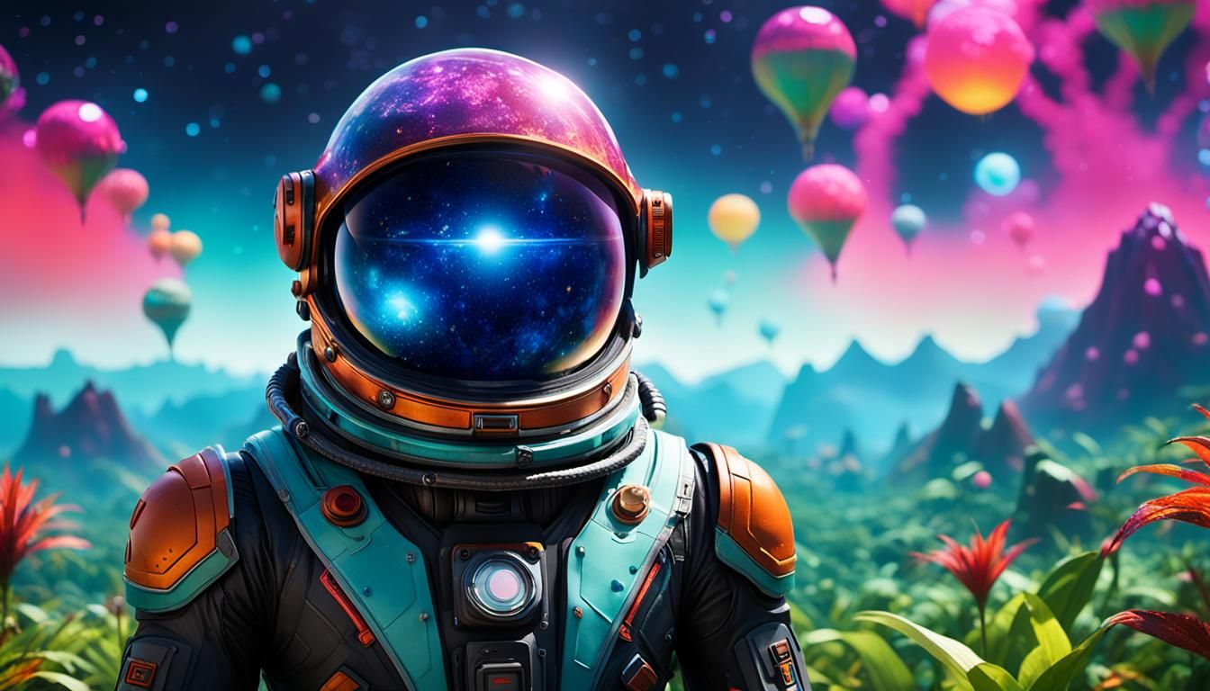 Realistic space traveler from the game no man's sky, paradise planet, spaceships overhead, strange creatures, 