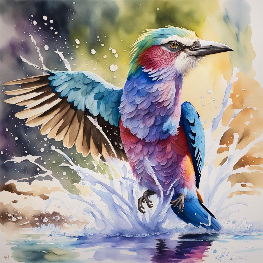 a cute lilac-breasted roller-on-riverbank watercolour splashes around