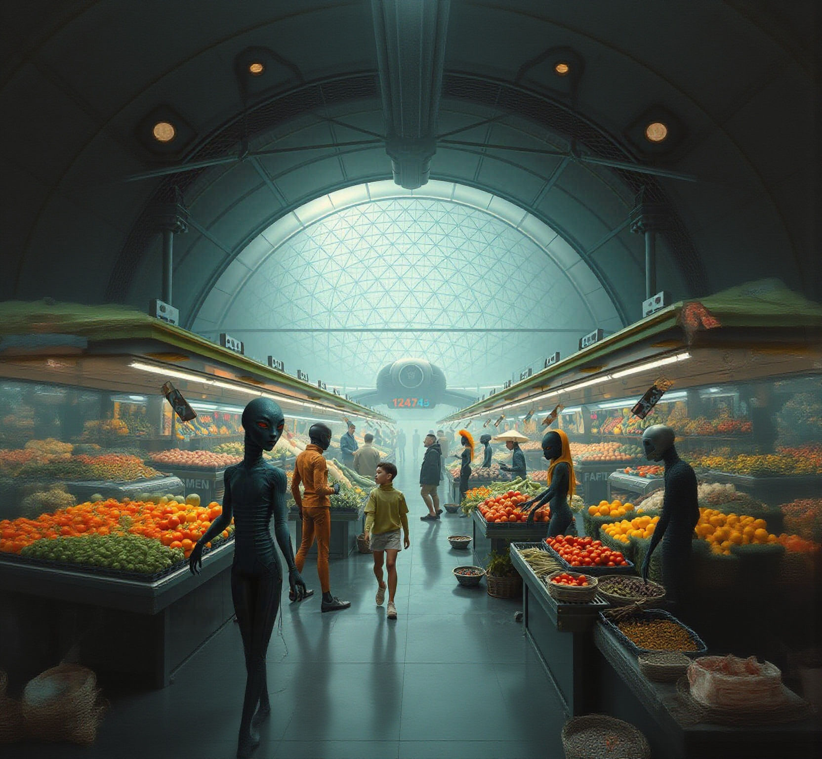A farmers market under a massive glass dome on an alien world, there are many different species of aliens present as well as robots and huma...