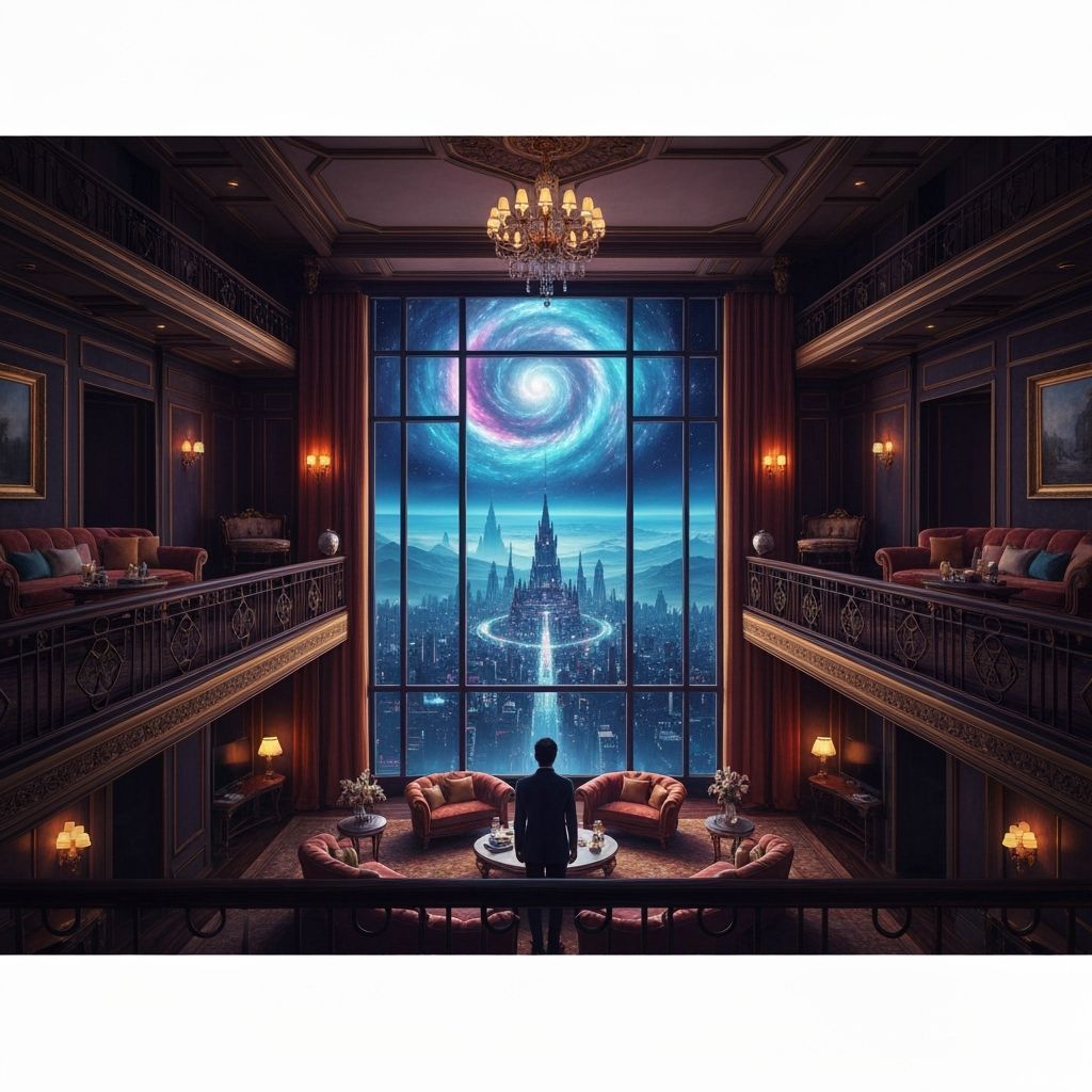 Opulent Hotel Suite with Surreal Nebula City View