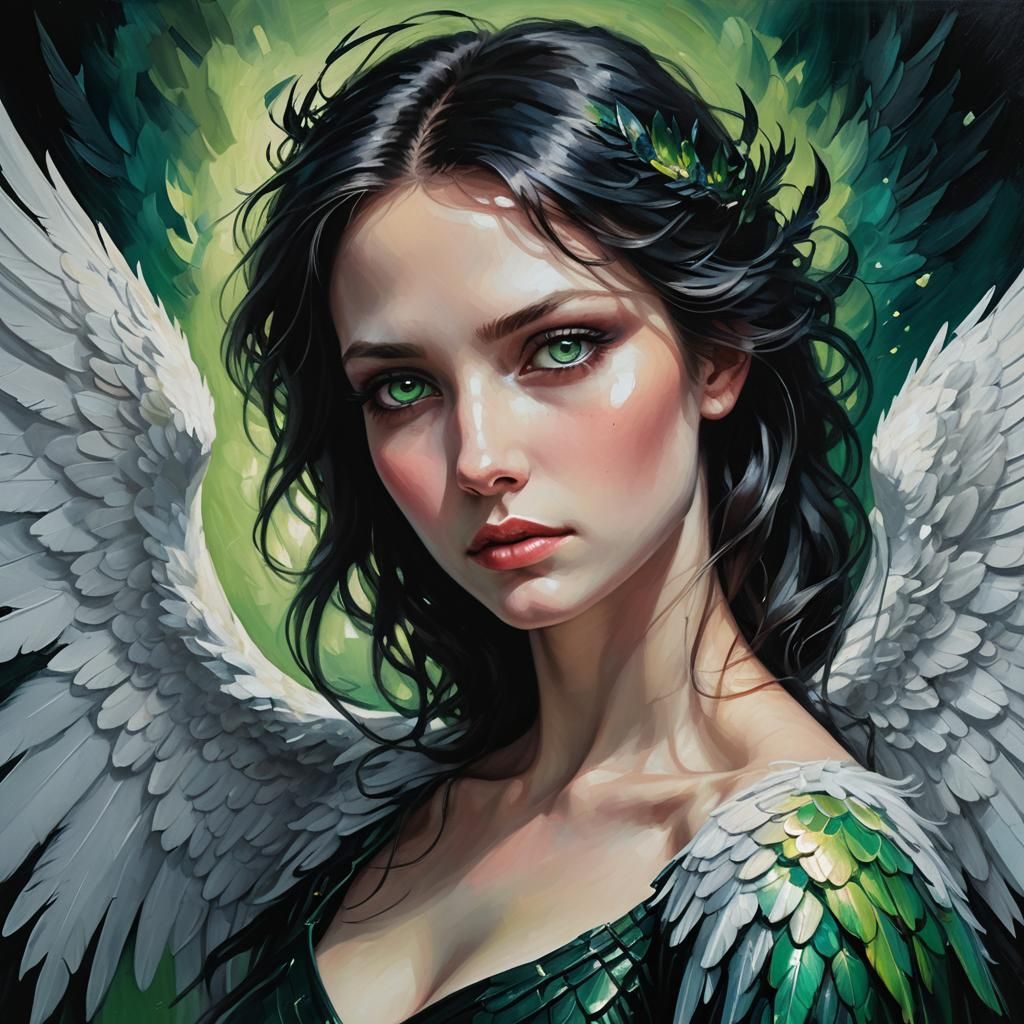 female angel, black hair, glowing green eyes, pale skin, six wings, black wings
