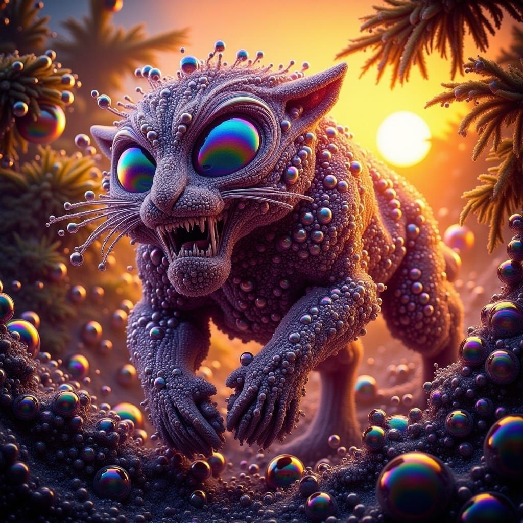 <lora:-Bubbly-:1.0> A tiger made from iridescent bubbles, charging at the viewer, stunning jungle sunset