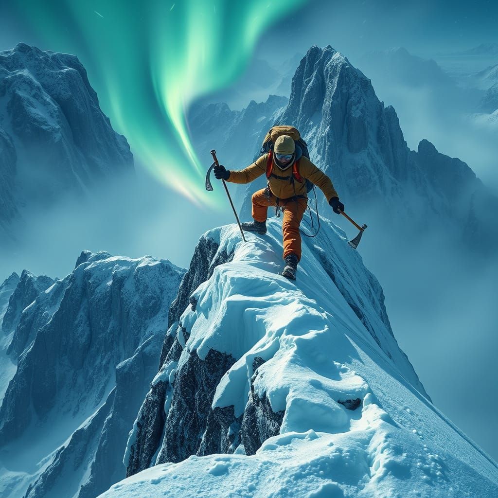 A daring mountaineer scaling a jagged, ice-covered peak during a fierce blizzard, surrounded by towering cliffs and swirling snow, the north...