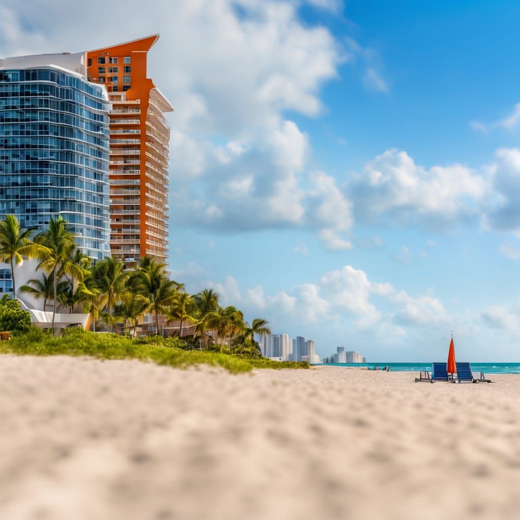 A hotel near ocean in Miami Beach, HDR, beautifully shot, hyperrealistic, sharp focus, 64 megapixels, perfect composition, high contrast, ci...