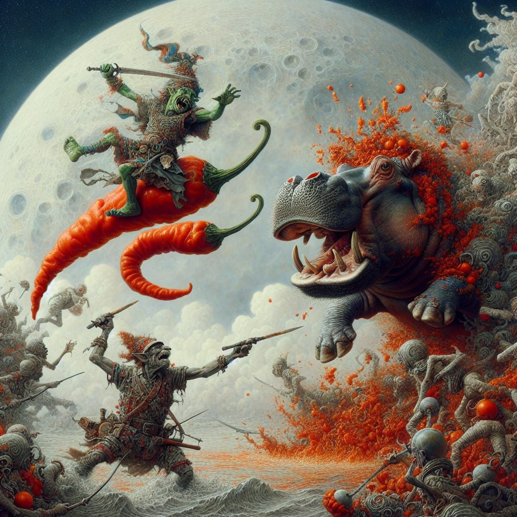 Fugly Goblins Throwing Chili Peppers at the Hippopotamus