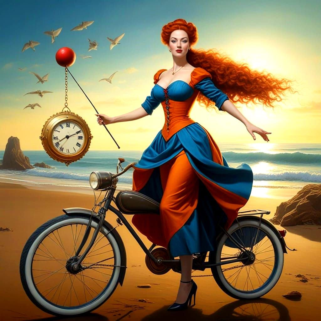 Surrealistic Lady in Whimsical Seascape with Oversized Instr...