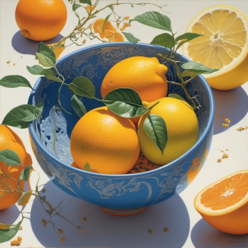 <lora:MObius:1.0> A highly detailed oil painting of a lemon and an orange inside a bowl