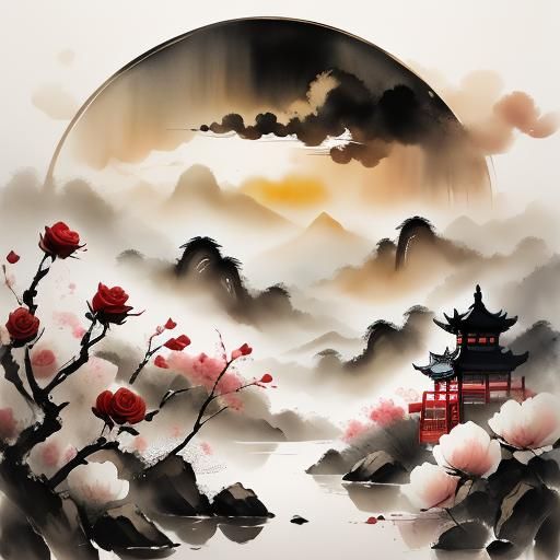 Roses, muted chinese ink painting, muted color, rice paper texture, splash paint, wet to wet techniques, perfect balance composition, 4k, hi...