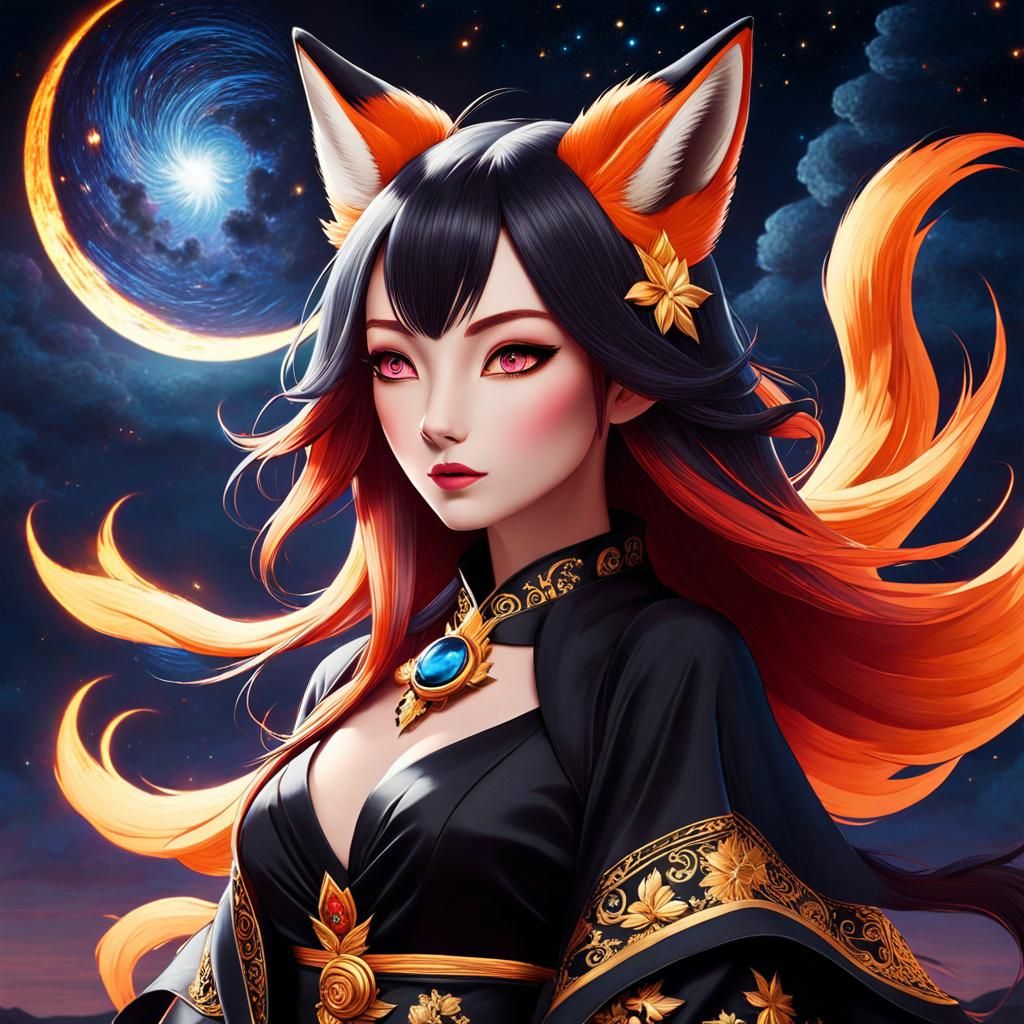 <lora:Dusk3:1.0> <lora:Macabre:1.0> an adorable    kitsune W...