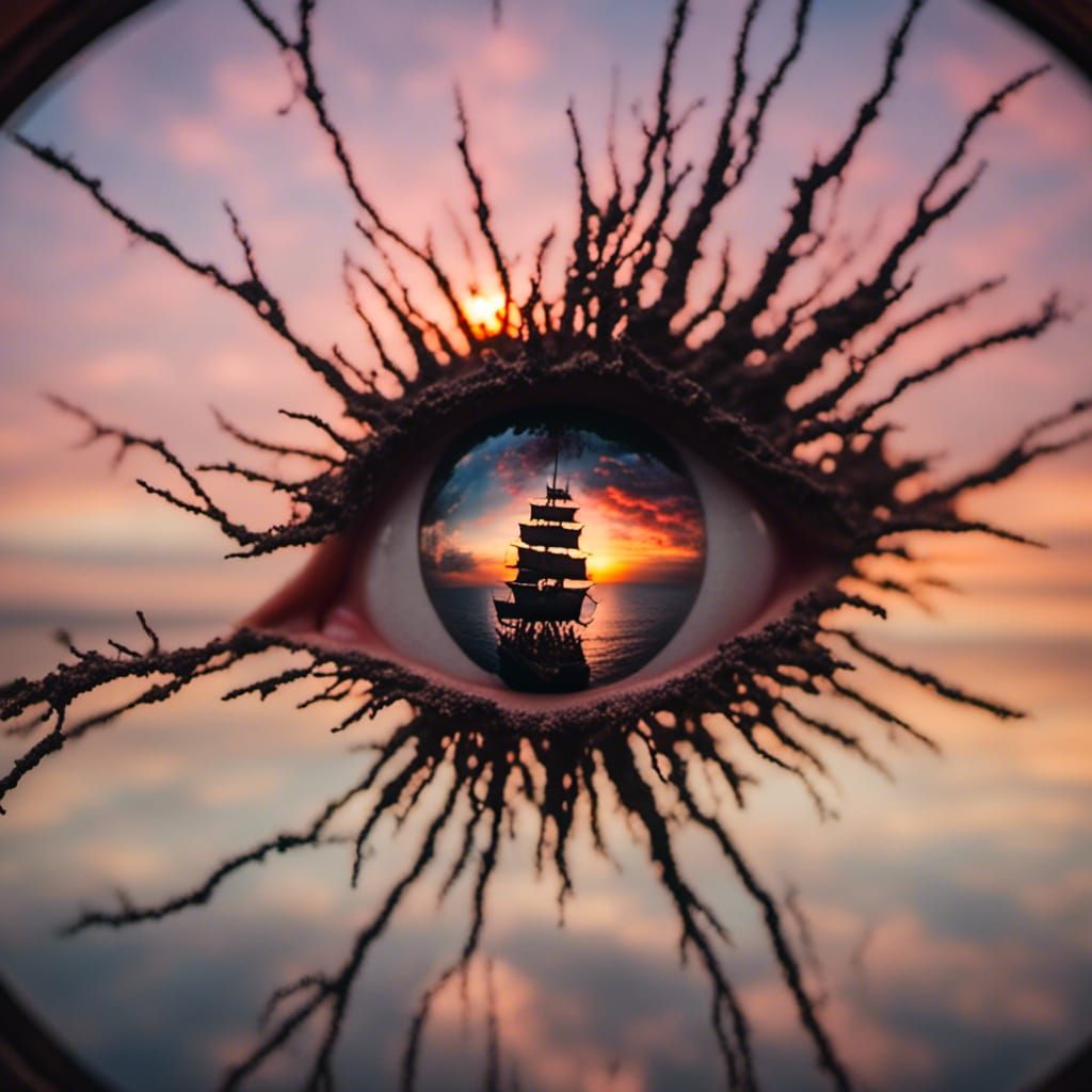 Pirate Ship Sunset Silhouette in Eye Macro Photography