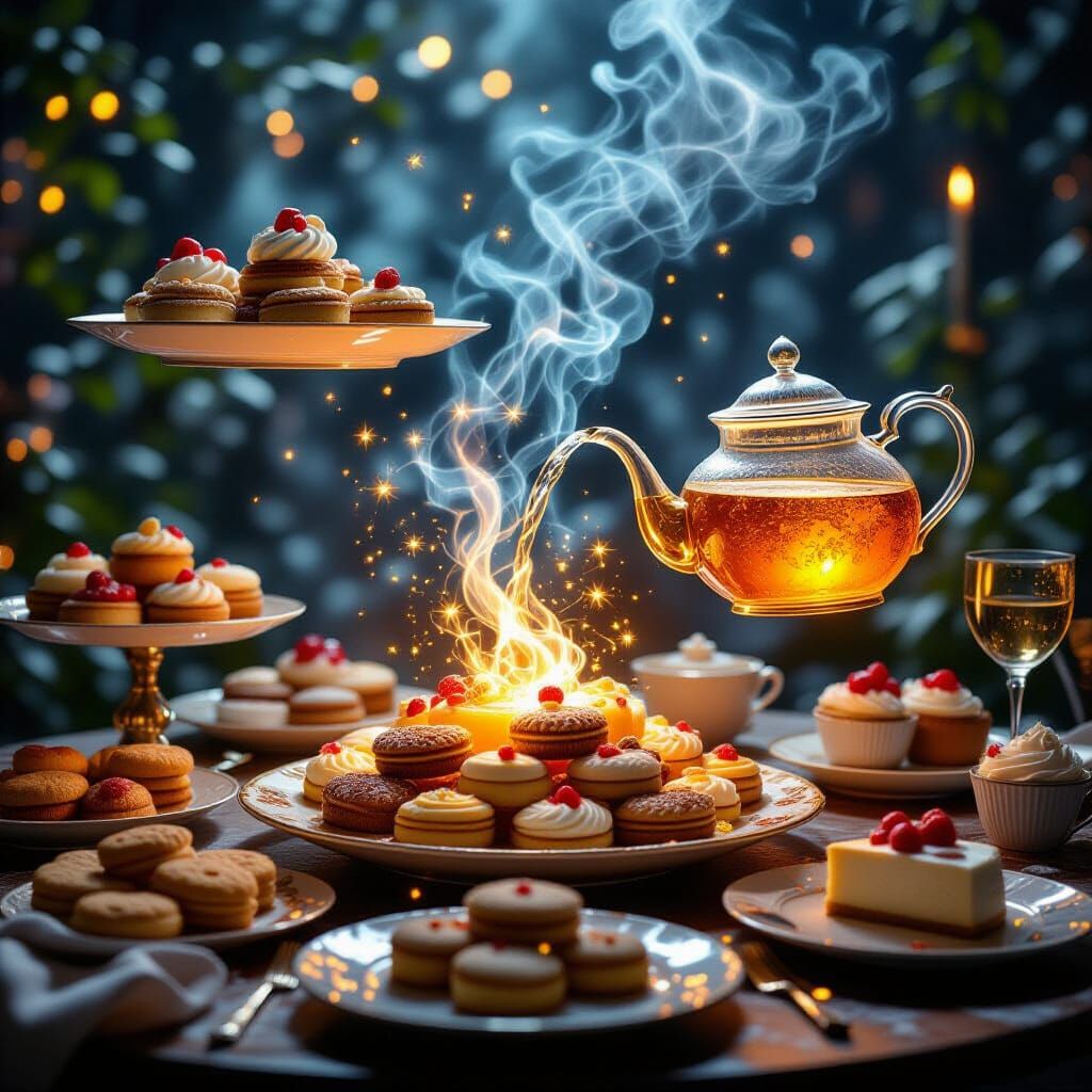  Hyperrealistic, award-winning photography of a massive dining room table hall laden with sparkling, glowing magical food and dishes. Levita... - Start Image 2