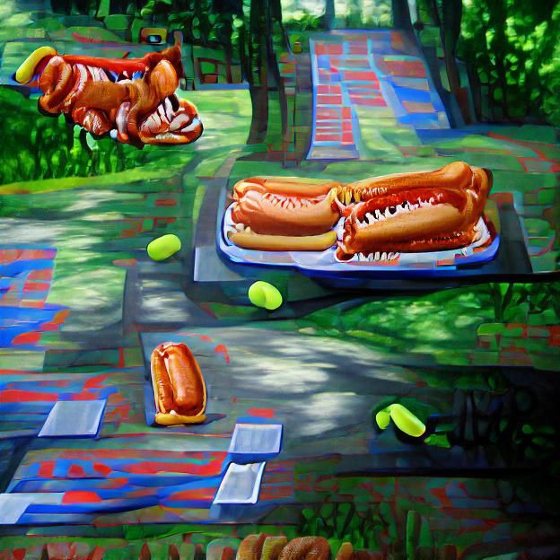 Hotdogs versus real dogs in maymont park acrylic painting on...