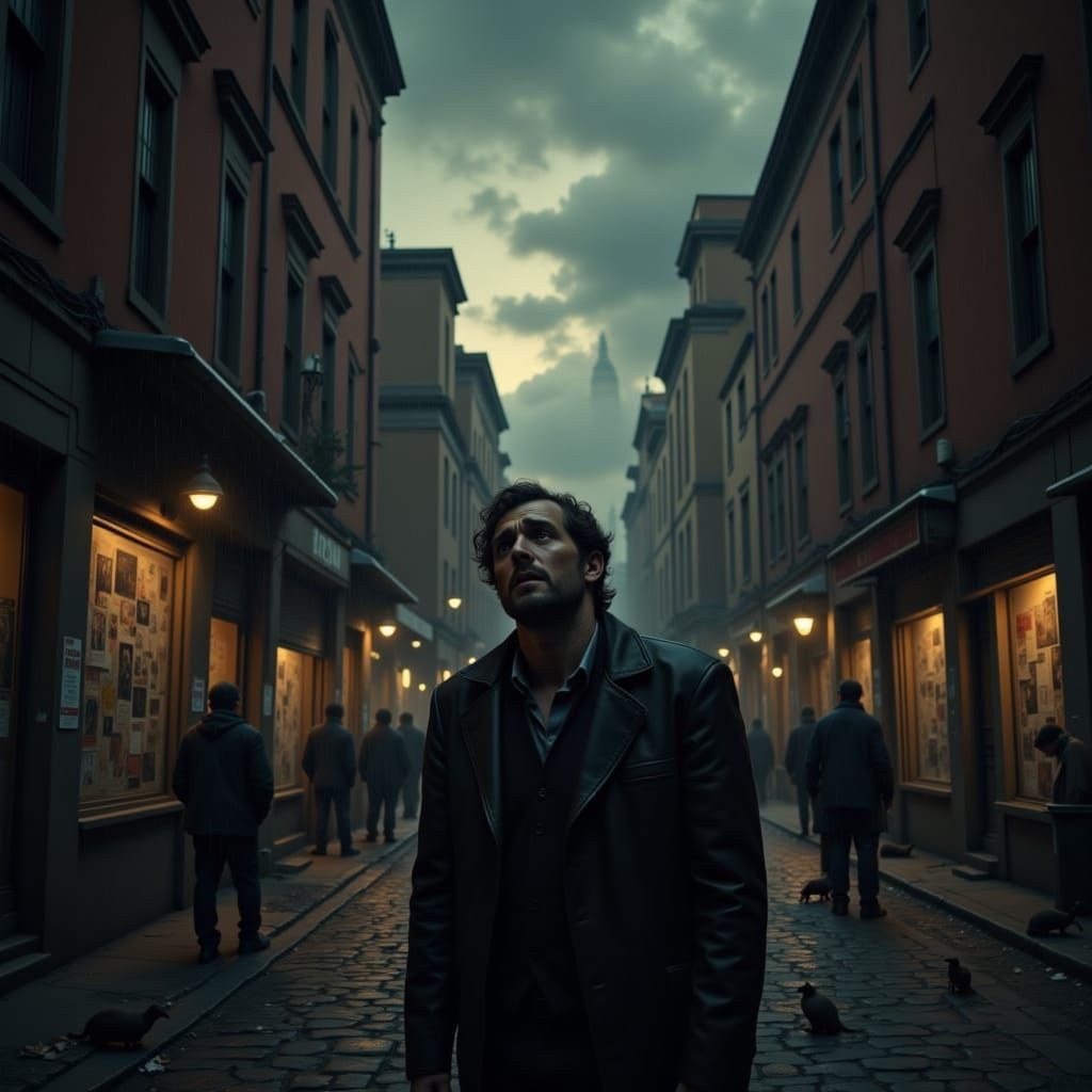 A Man looks scared experiencing in Rome <lora:Street Life:1.00>