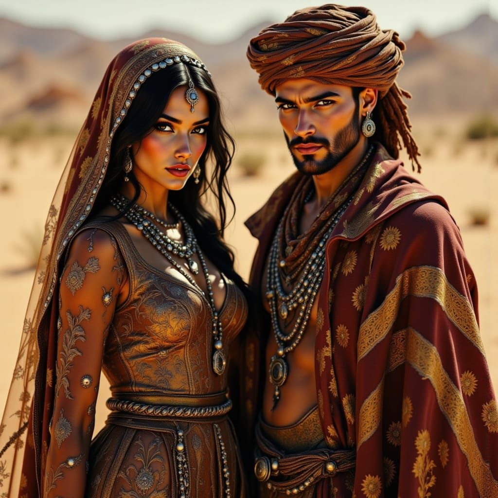 A intricate image of a Northafrican Tuareg Berber nomad: female and male couple: wearing traditional tagelmust turban, brown and maroon clot...