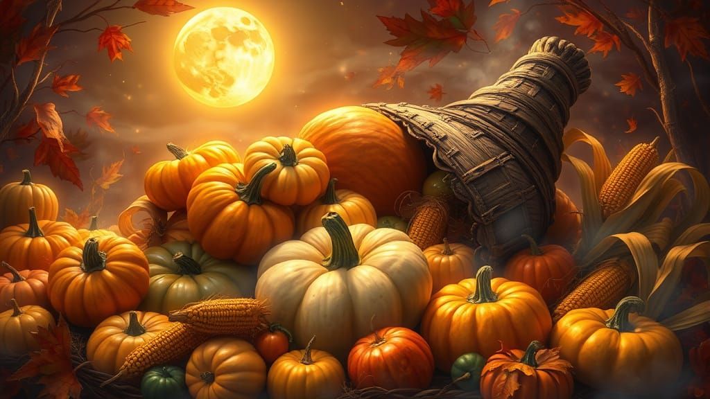A rustic cornucopia filled with pumpkins, gourds, and corn Autumn harvest: Harvest Moon:  by @Derrell Mcclure