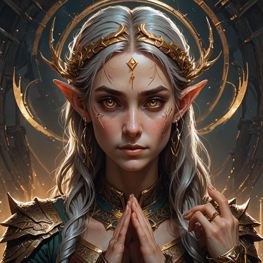 photorealistic aetherpunk portrait of beautiful elf looking at her ...