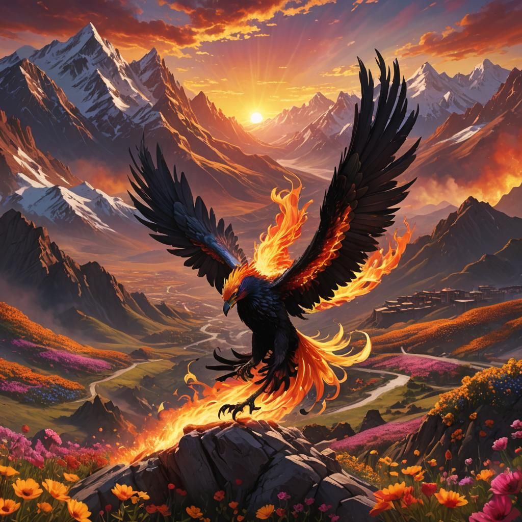 Black Flame Phoenix Soaring at Sunset
