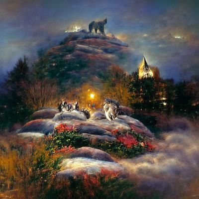 Wolfpack on a hill at night