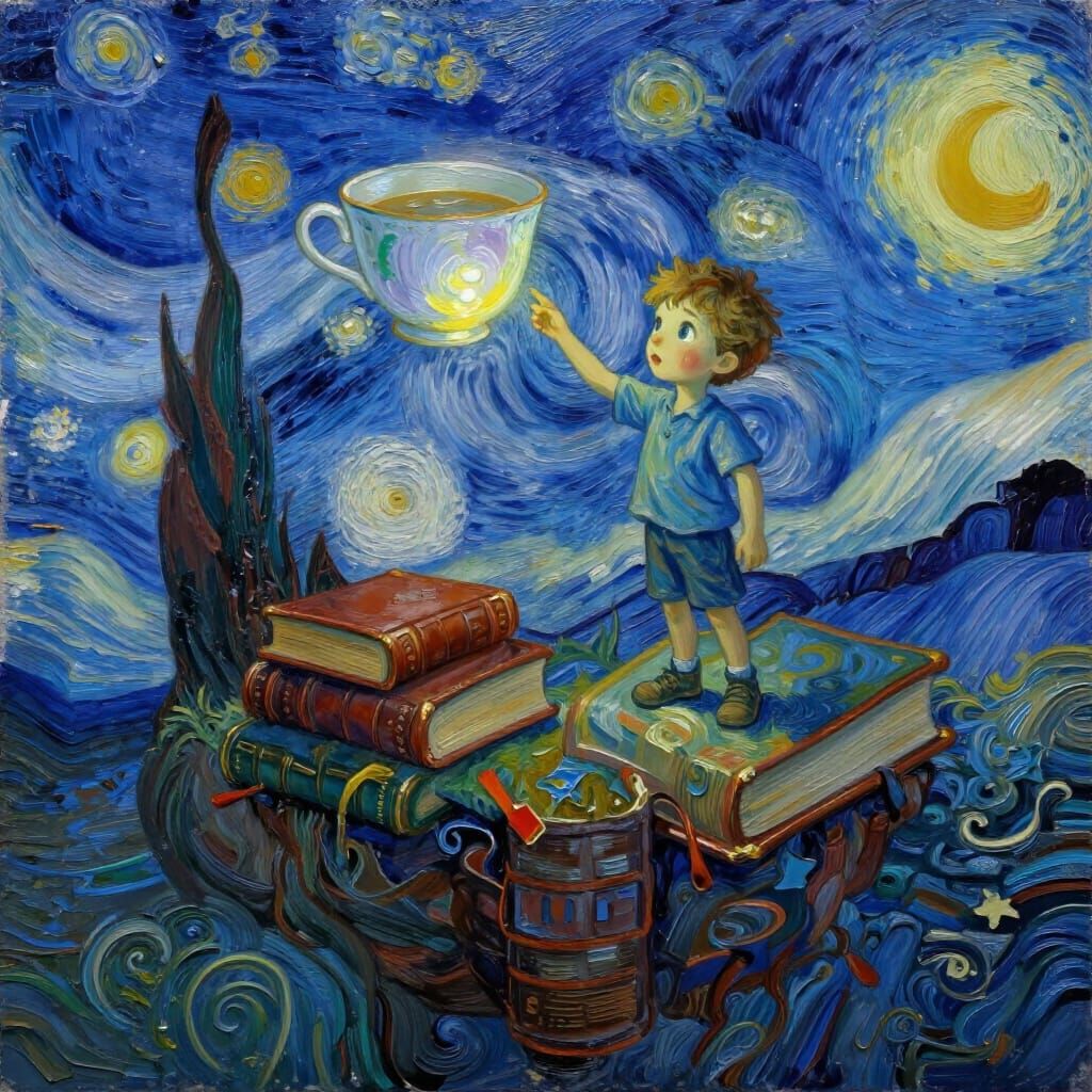 Boy Reaches for Teacup on Floating Book Island