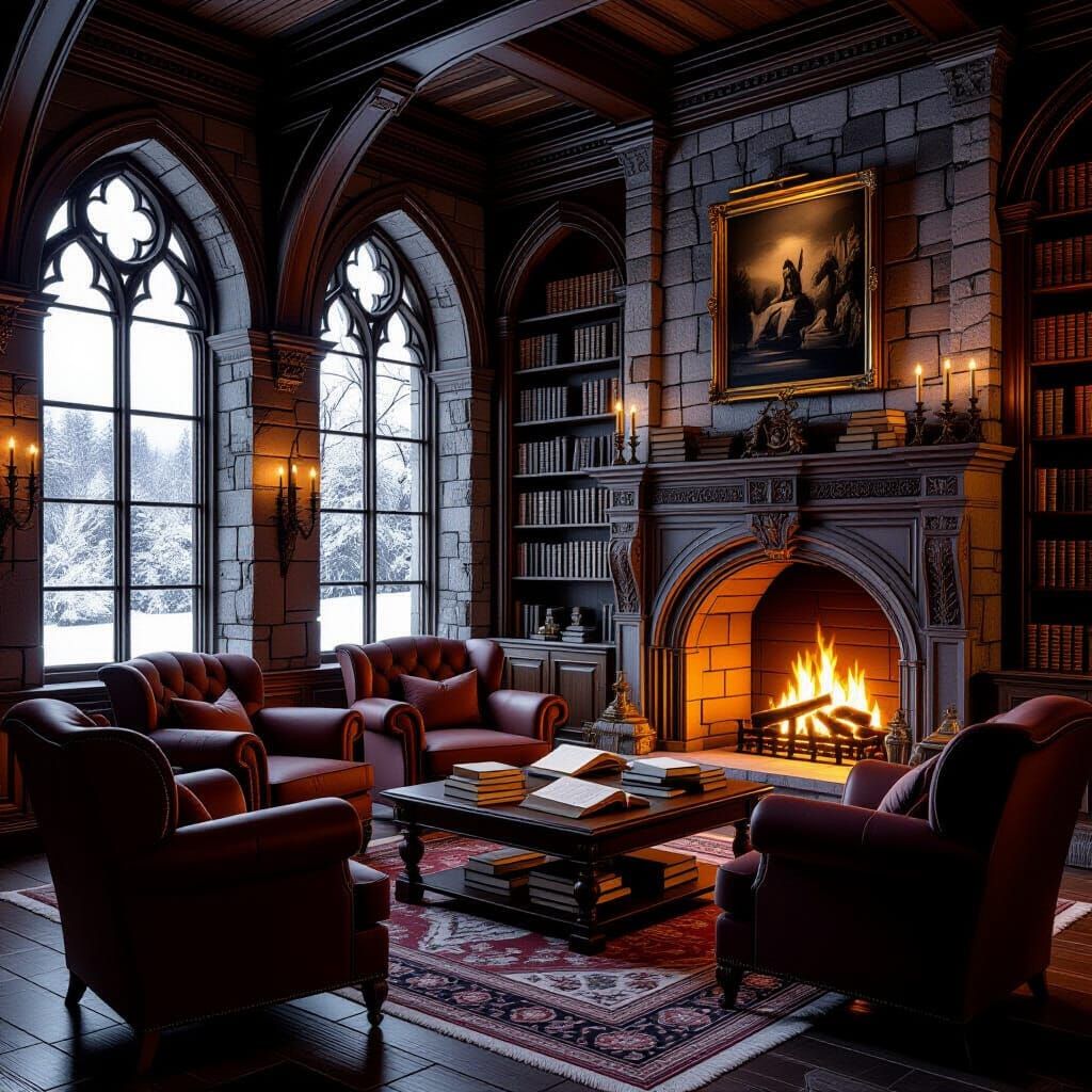A hidden library corner within a grand, ancient castle.