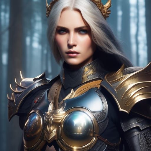 High fantasy Attractive female paladin in the dark forest, head and ...