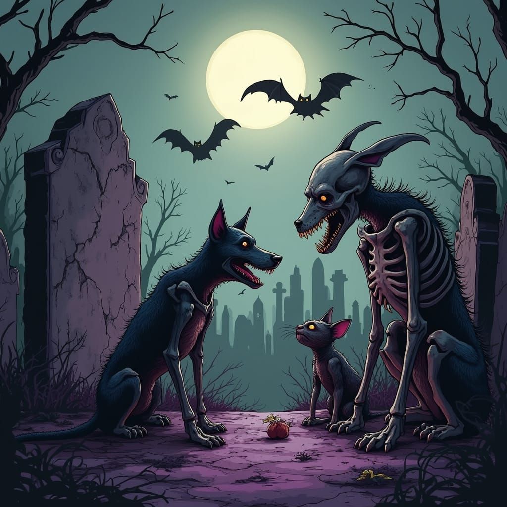 Dark style on a zombie animals Halloween party on cementary