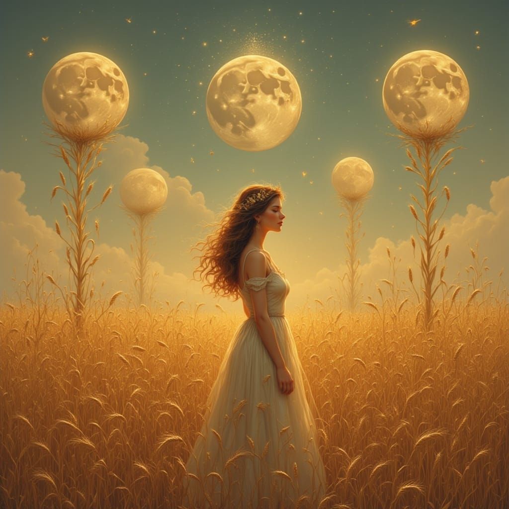 Woman in Golden Field Under Multiple Moons