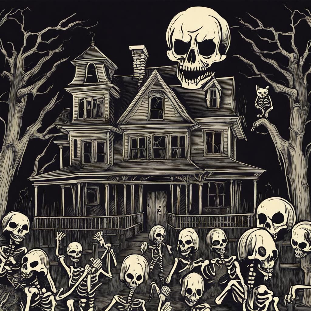 Scary haunted house, skeletons, creepy cats, ghosts from Hell