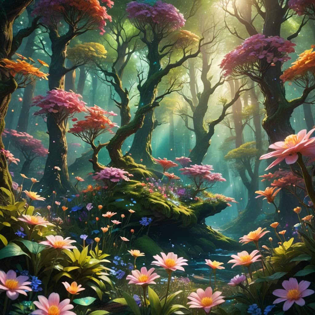 Flowers of Joy in Iridescent Forest: Fantasy Art