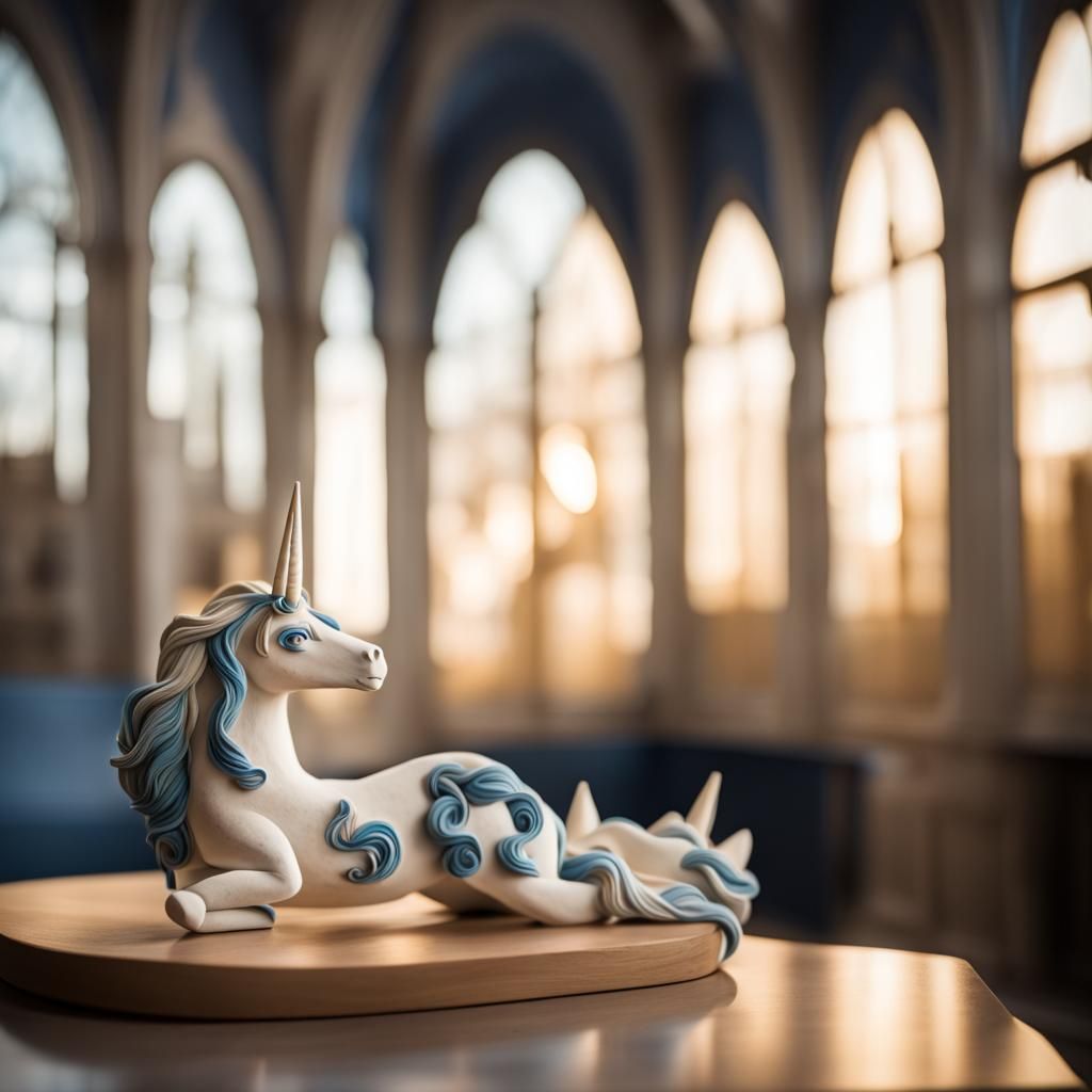 A white and blue clay sculpture in the shape of a unicorn