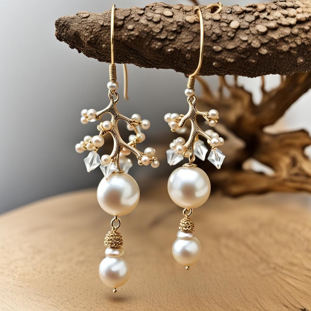 oak and crystals and pearls dangling earrings for holidays