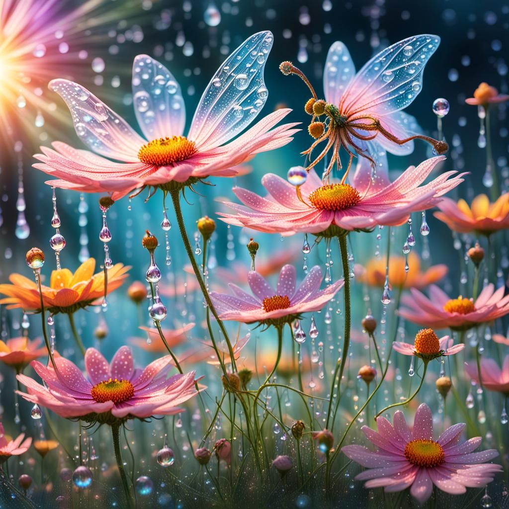 Tiny fairies in a Whimsical wonderland playing on a large cosmos flower ...