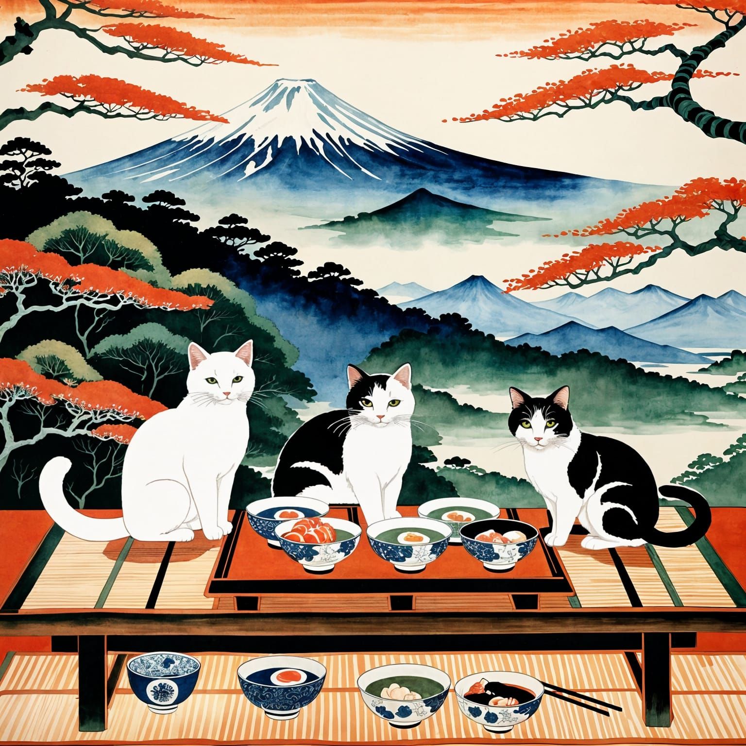 Ukiyo-e painting of cats enjoying sushi soup  by @Tiny Pearl Cat