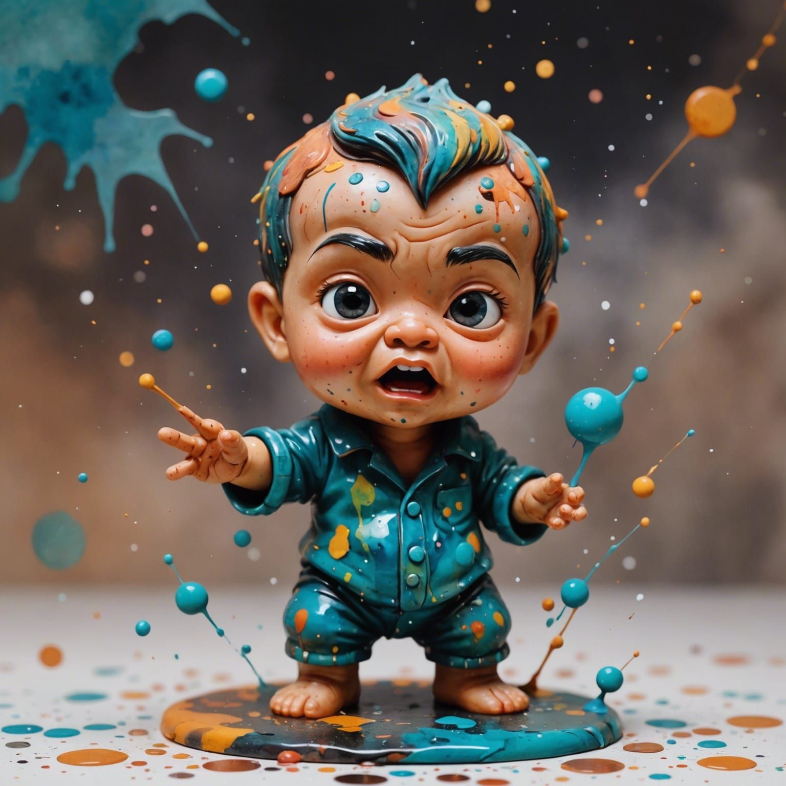 a shellac figurine of"Yun lee" as very angry baby with water...