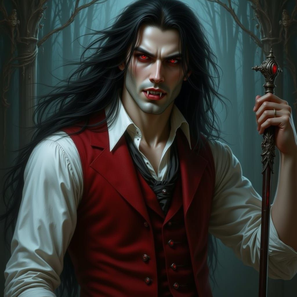 A long black haired handsome sexy man wears a white shirt and red vest. He carries a cane with an emerald on it. He is a vampire with red ey...