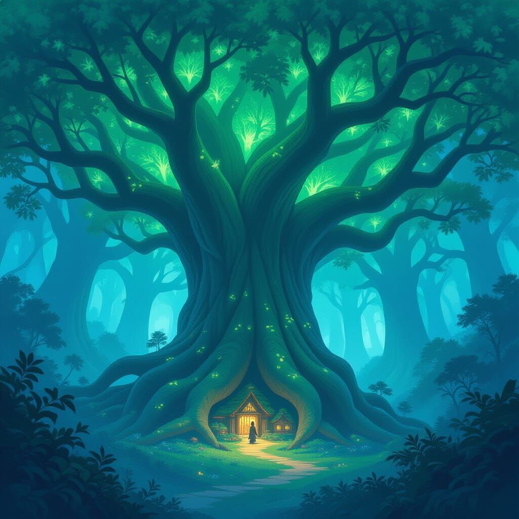 A vast, ancient forest where trees grow to impossible heights, their canopies forming a dense, emerald ceiling miles above the forest floor....