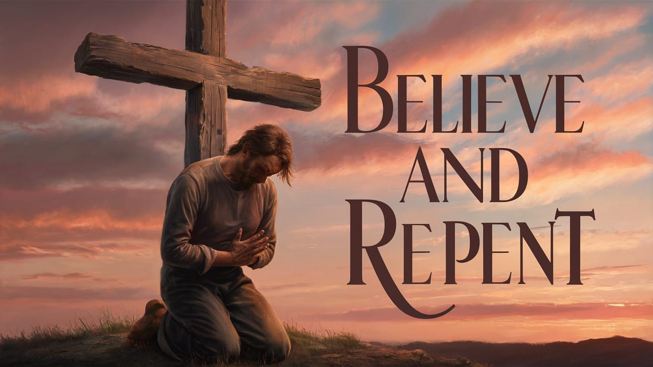 A man on his knees at the foot of a cross, beautiful sunset large text says "Believe and Repent"