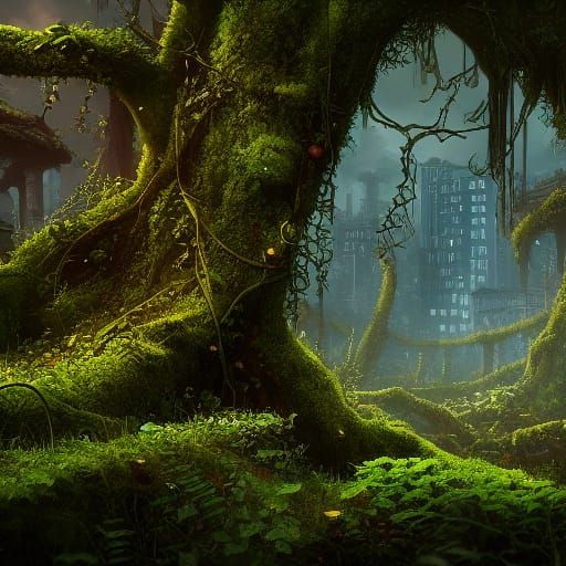 Overgrown city covered in vines and moss