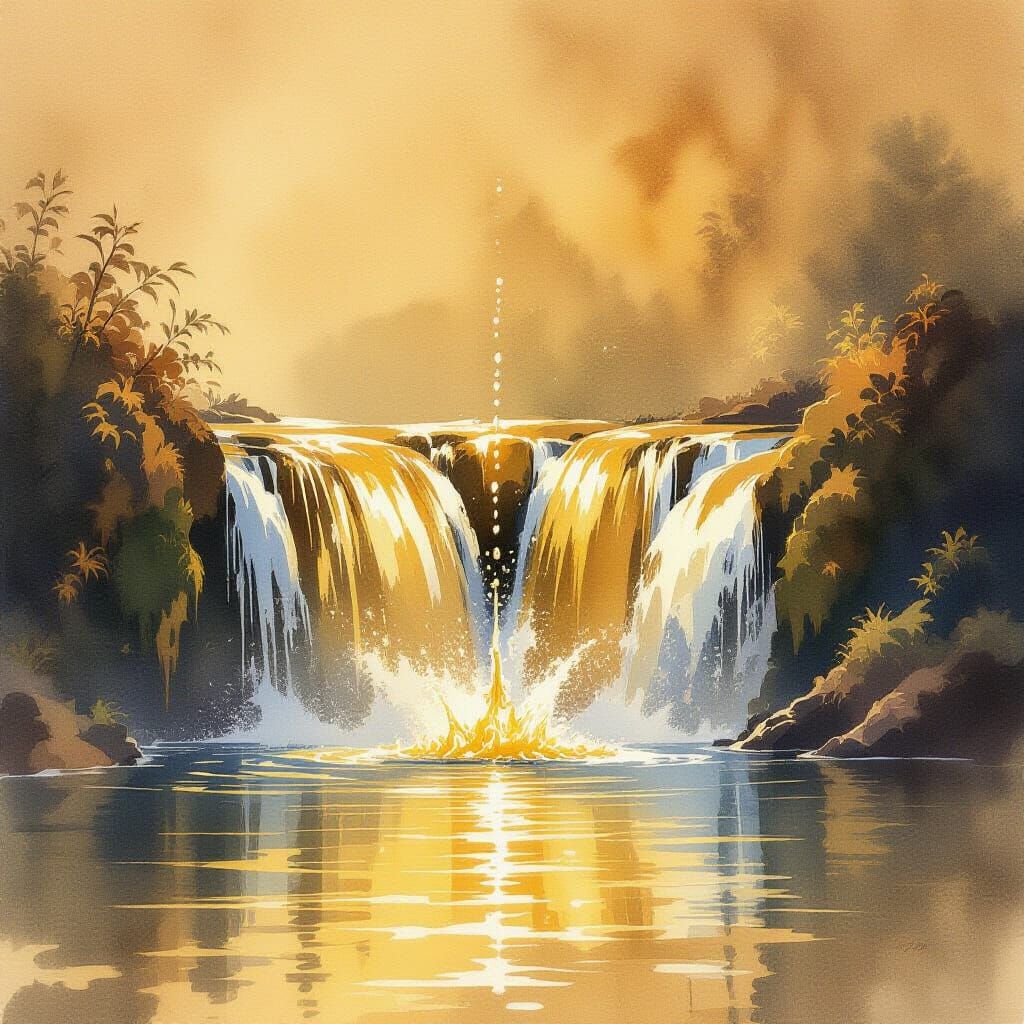 Golden Water Droplet Splashing in Serene Waterfall