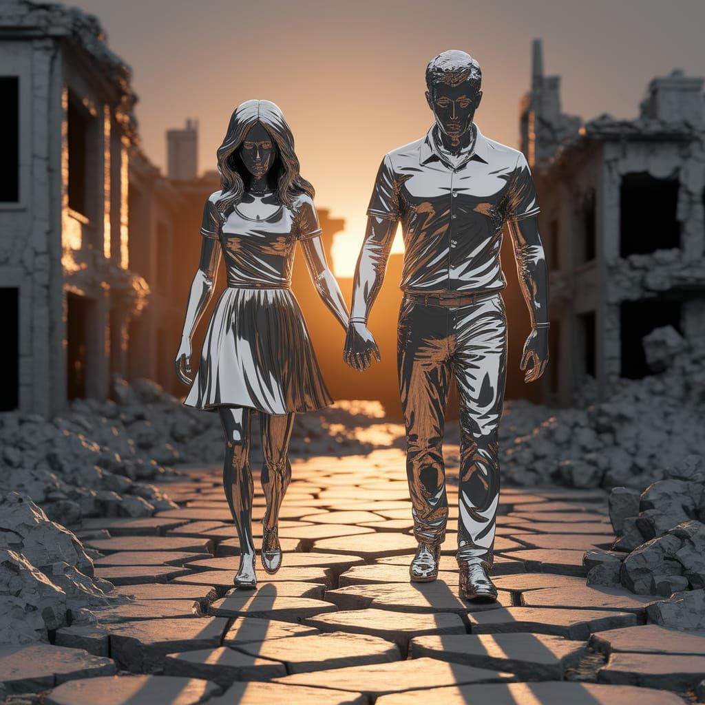 Chrome Sculpture of Hope in a Post-Apocalyptic Landscape