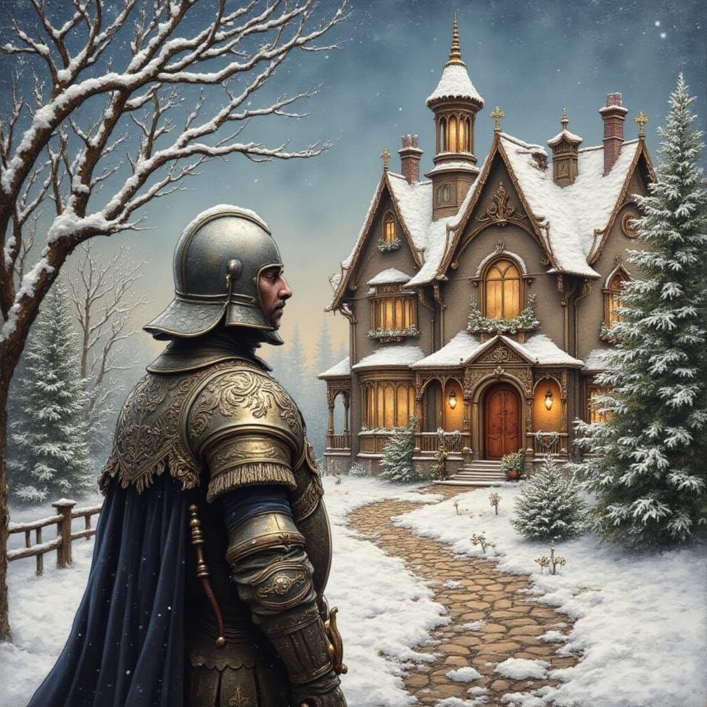 <lora:bildraum:1.0> knight near stunning Victorian house, winter night, festive Christmas decoration. the wet surface gleams with silver. Me...
