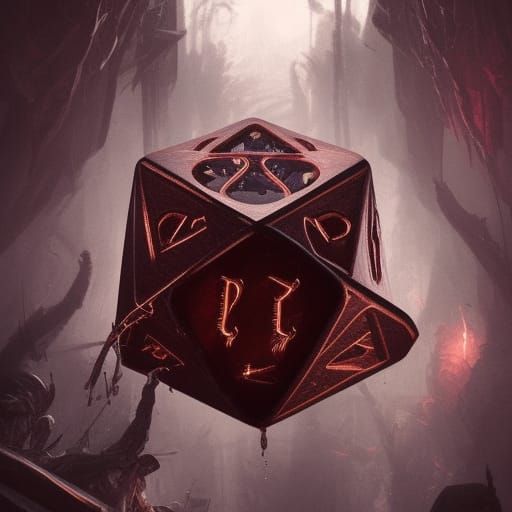 Wooden d20, cursed, evil, glowing, hyperdetailed, blood, 1