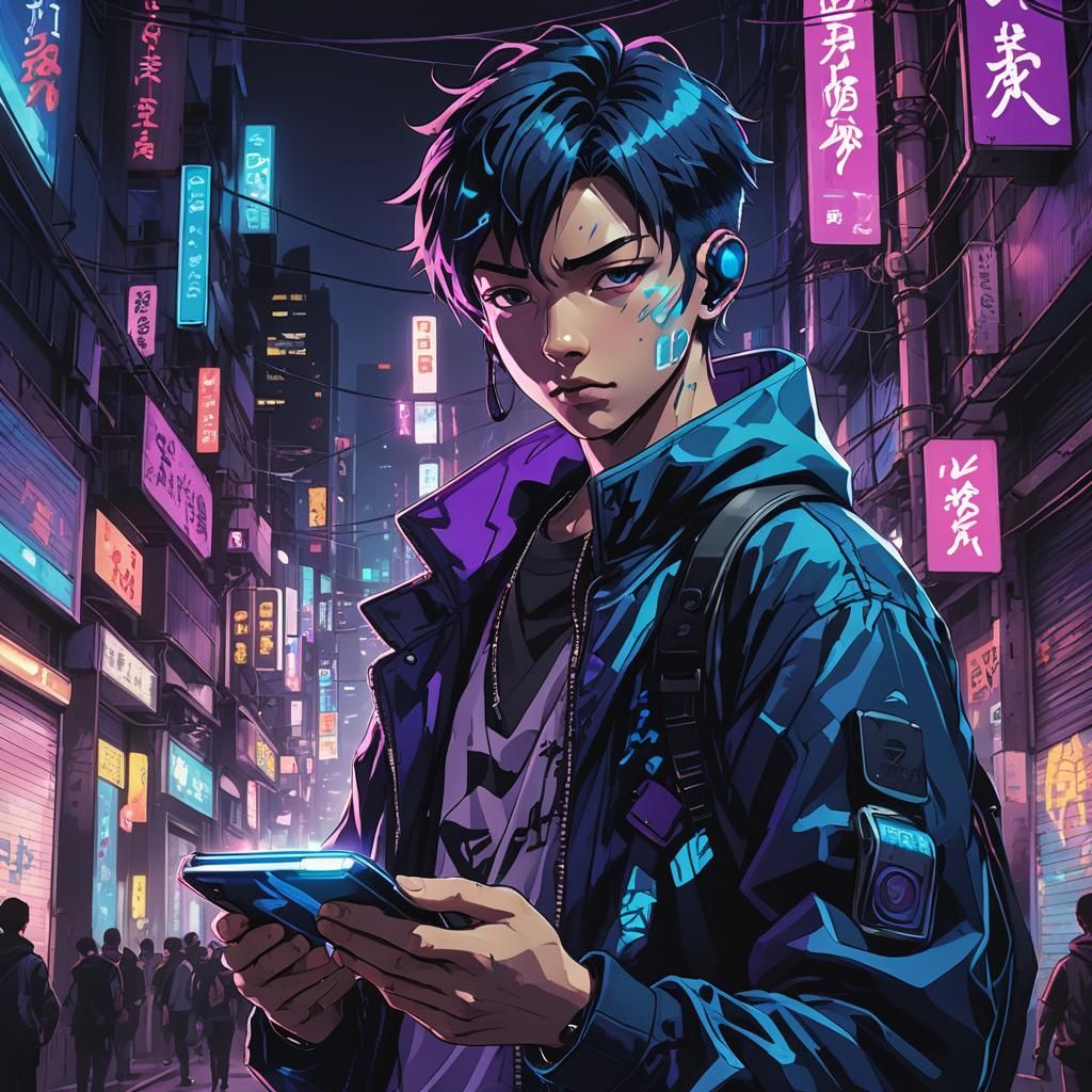 Cyberpunk Anime Boy with Phone in Neon City